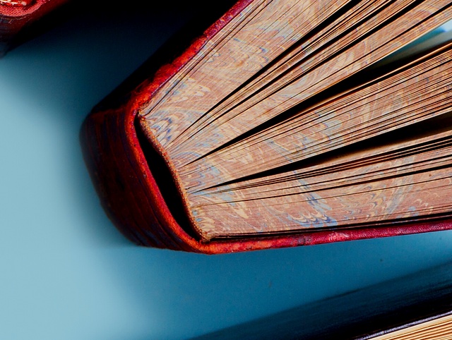 A red book viewed from the top against a blue background.